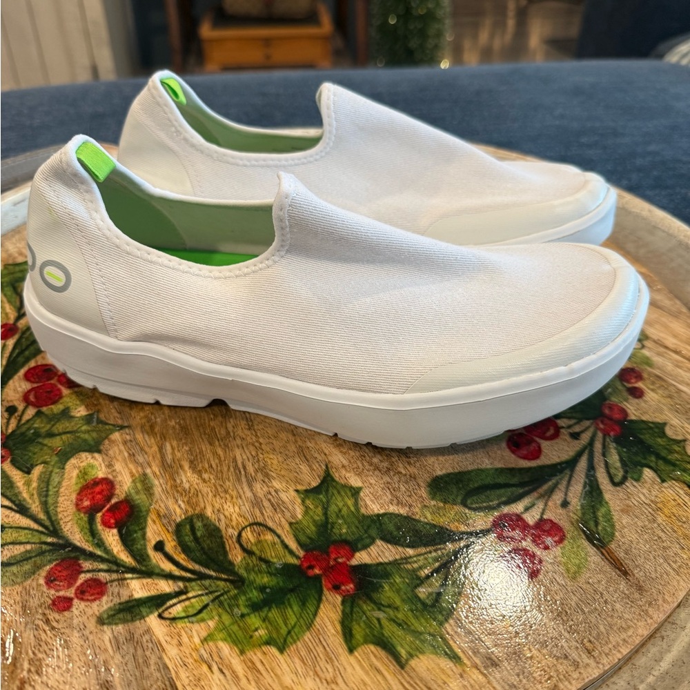 OOFOS White Slip-On Sneakers with Lime Green Interior